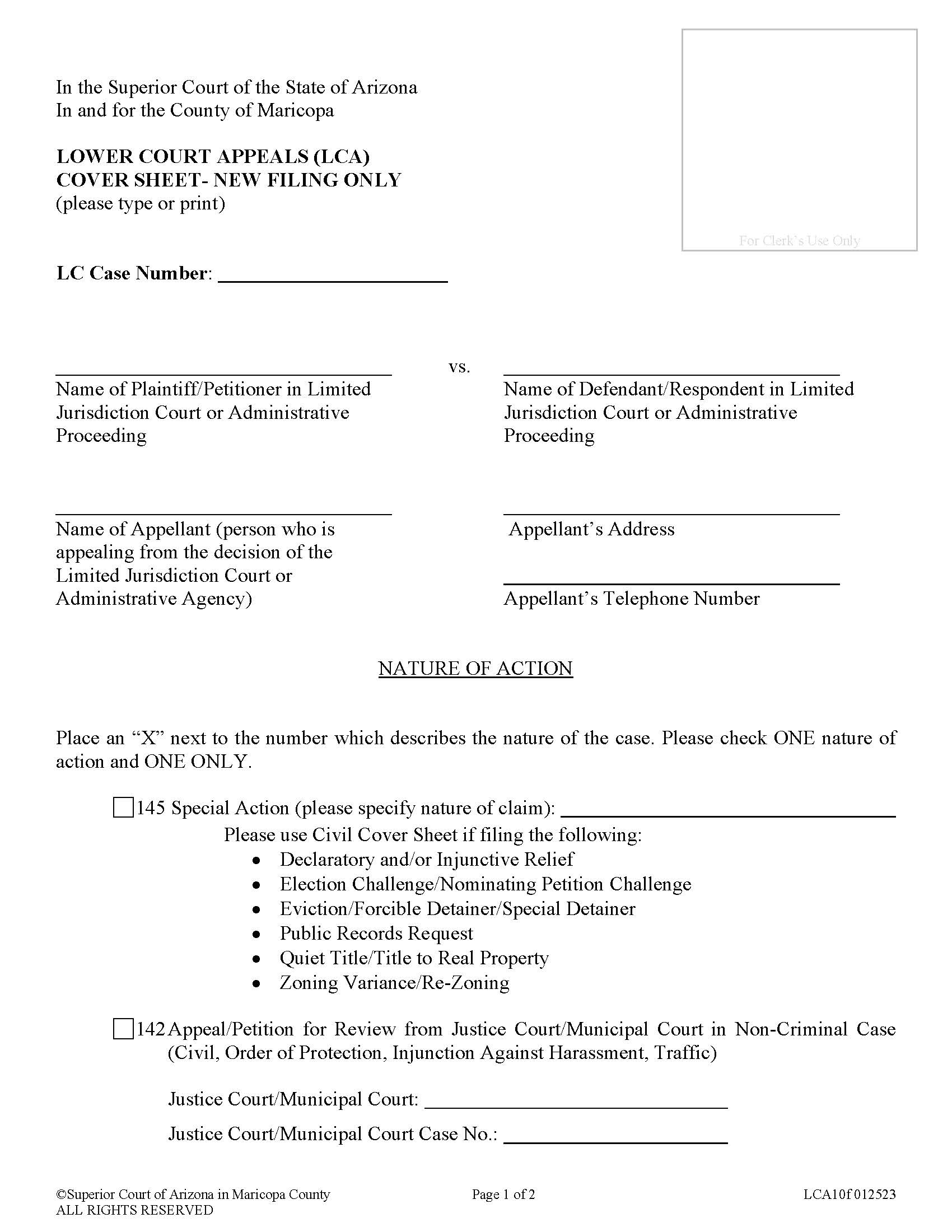 Lower Court Appeals Cover Sheet {]LCA10f} | Pdf Fpdf Docx | Arizona